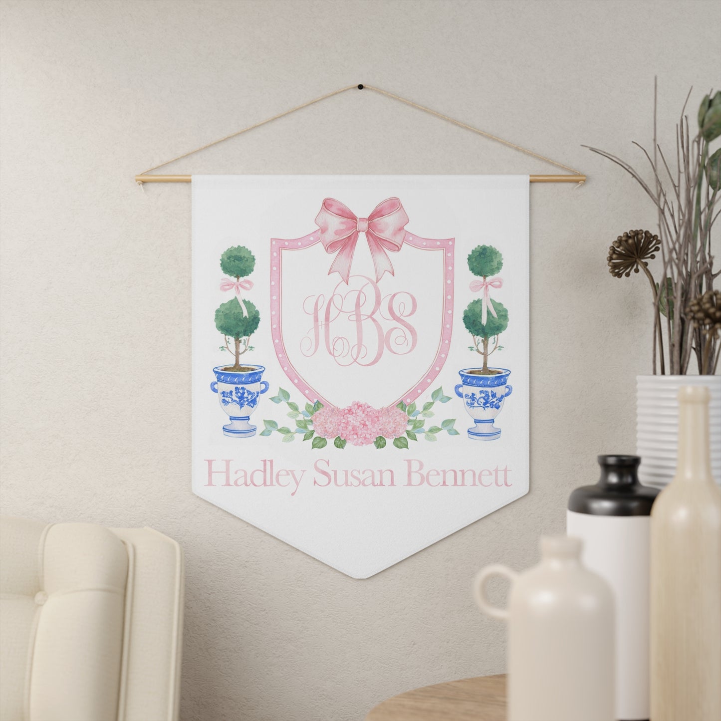 Custom Baby Banner, Pink Crest Nursery Pennant - Amazing Faith Designs