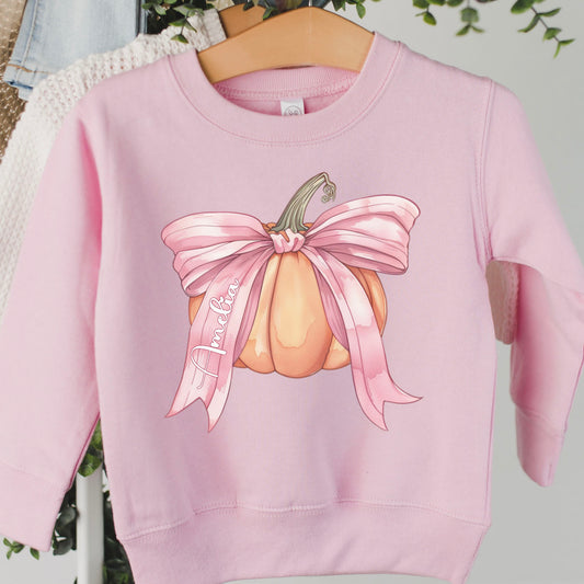 Pumpkin Coquette Toddler Personalized Pink Sweatshirt - Amazing Faith Designs