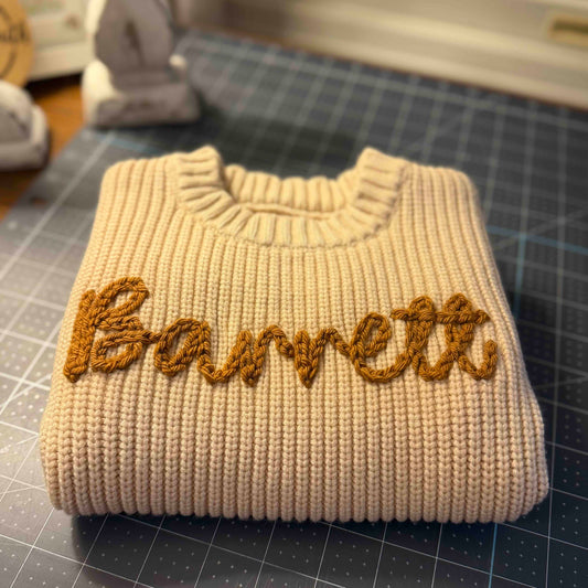 Hand Embroidered Name Sweater- Single Color Yarn - Amazing Faith Designs