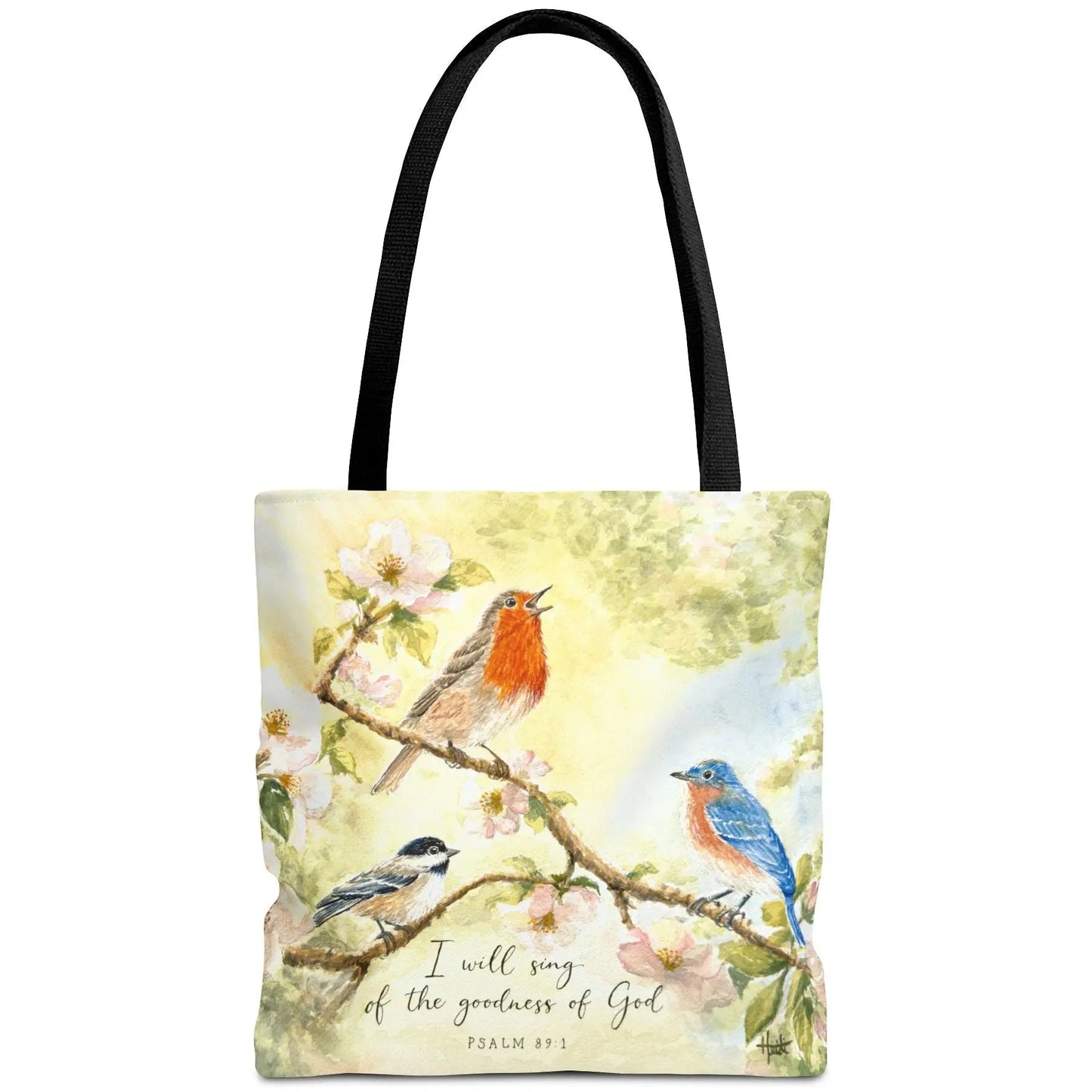 Birds & Scripture Tote Bag — “I Will Sing of the Goodness of God” Floral All-Over Print Printify