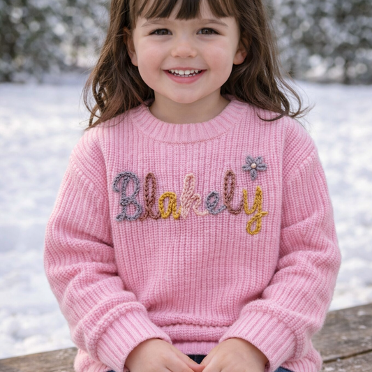 Hand Embroidered Name Sweater - three yarn colors - Amazing Faith Designs