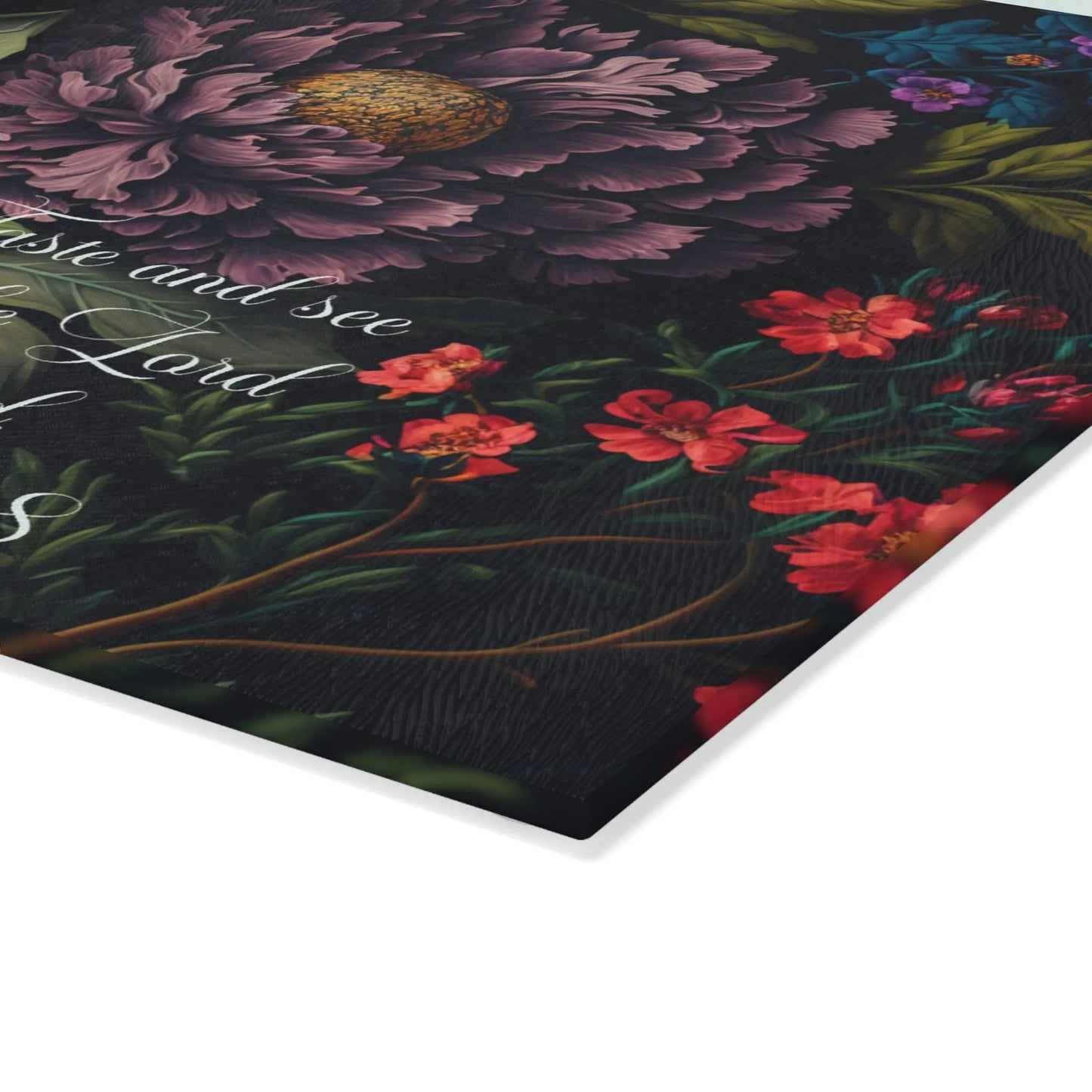 Botanical Flower Glass Cutting Board, Wedding Names or Scripture, Kitchen Decor Printify