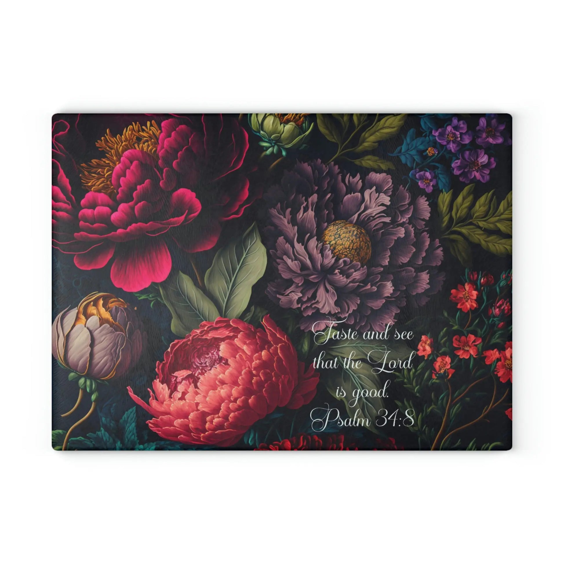 Botanical Flower Glass Cutting Board, Wedding Names or Scripture, Kitchen Decor Printify