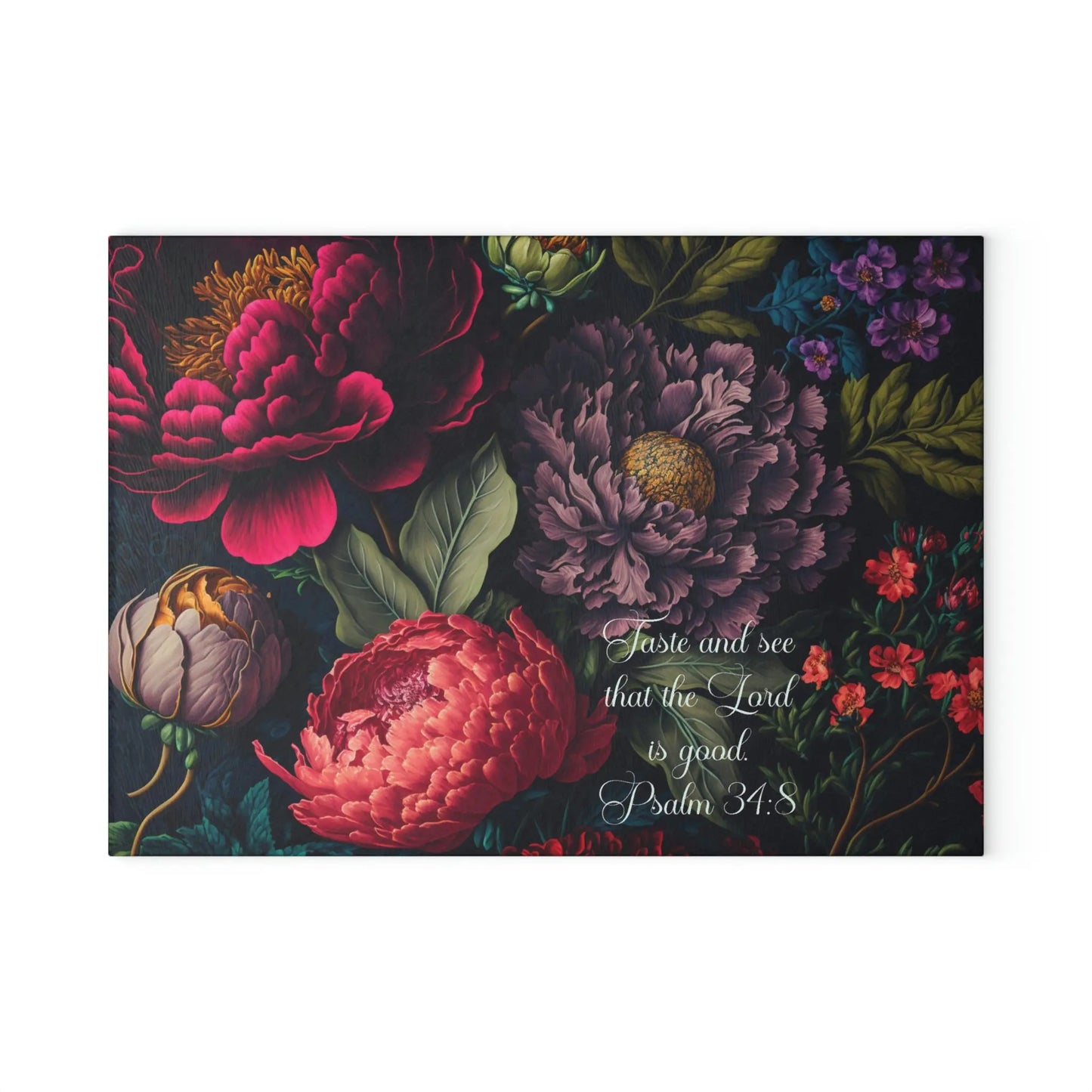Botanical Flower Glass Cutting Board, Wedding Names or Scripture, Kitchen Decor Printify