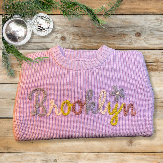 Hand Embroidered Name Sweater - three yarn colors - Amazing Faith Designs