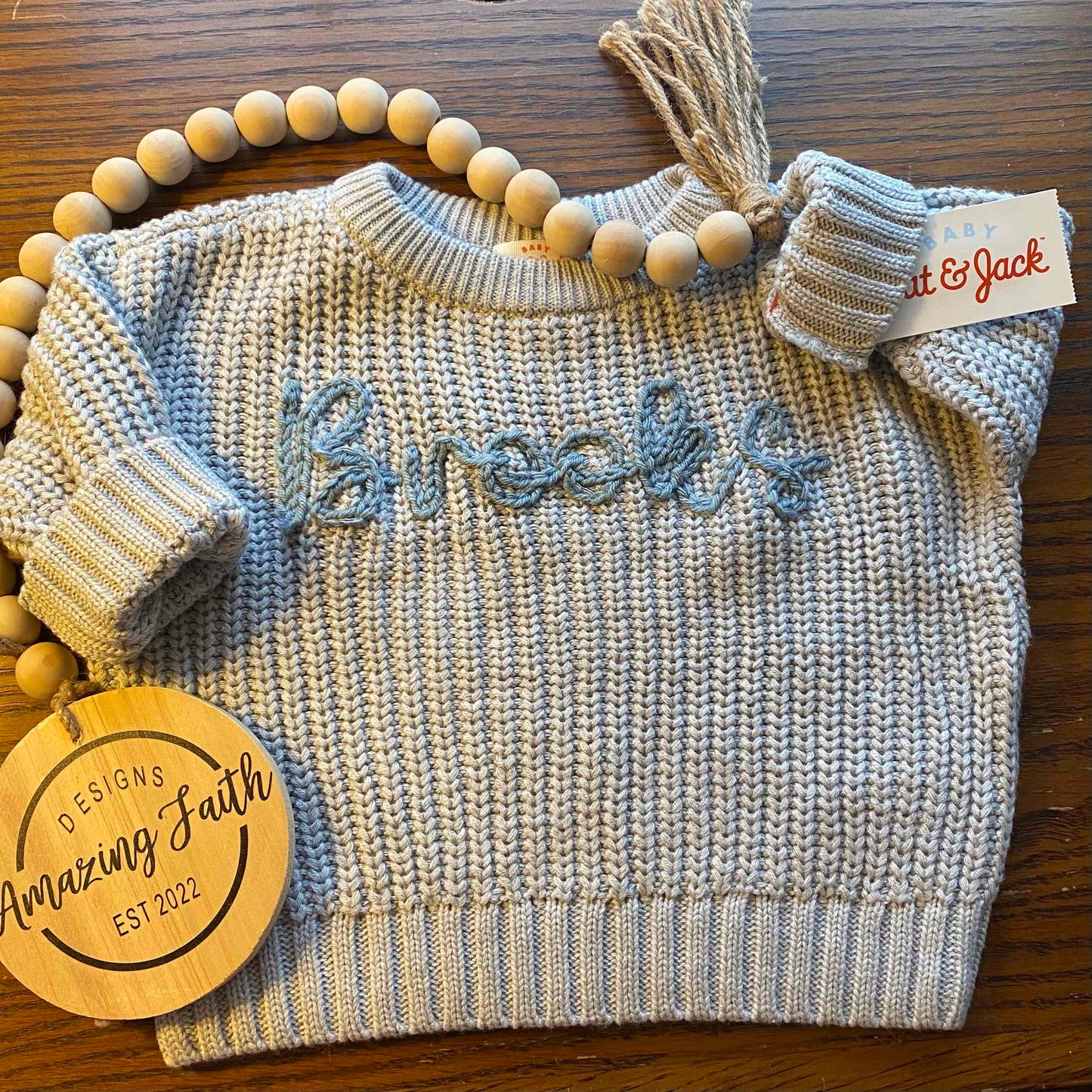 Hand Embroidered Name Sweater- Single Color Yarn - Amazing Faith Designs