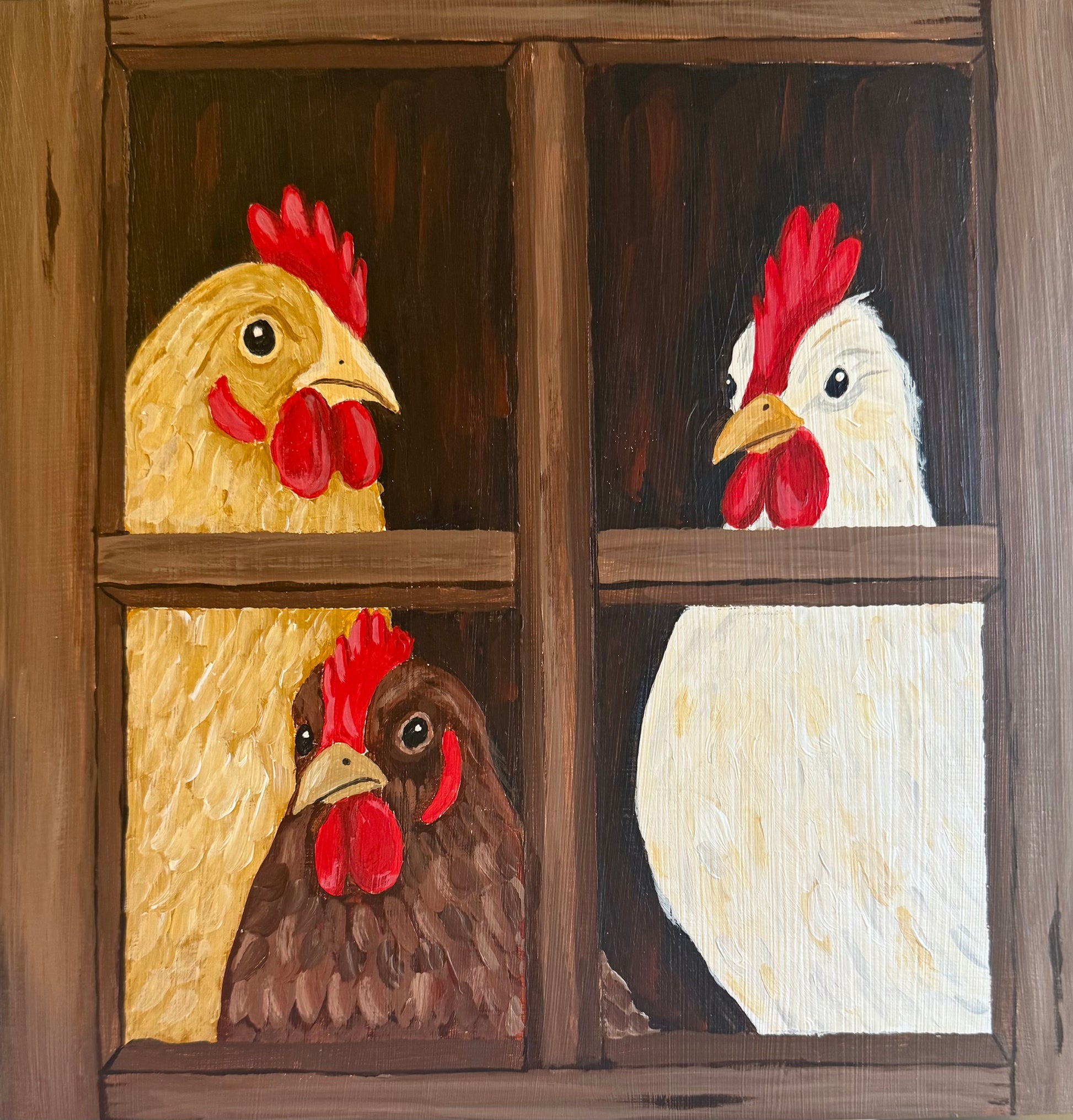 Three Chickens at the Window – Original Painting on Wood Block - Amazing Faith Designs