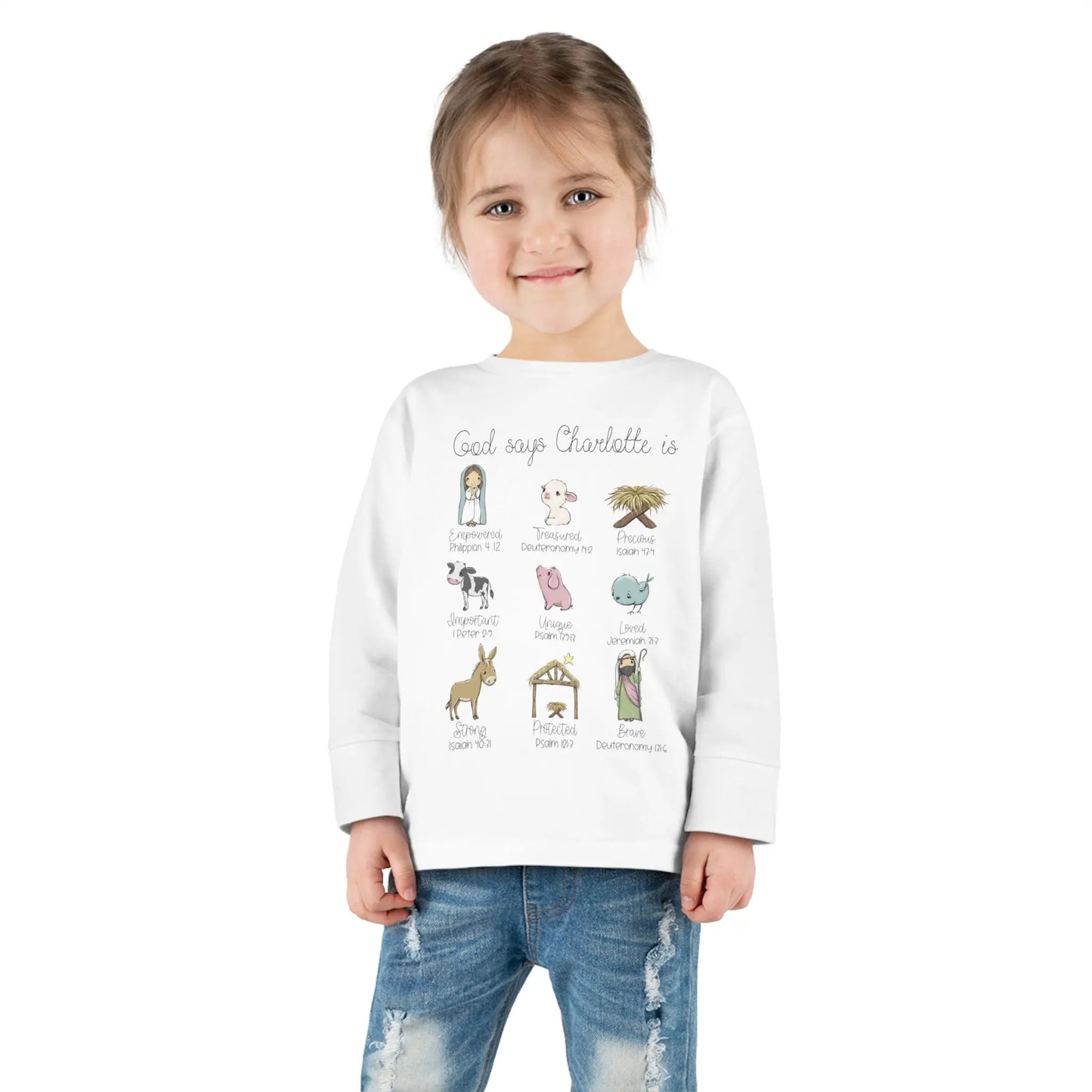 Charlotte Nativity Toddler Long Sleeve Tee, God Says You Are... Printify