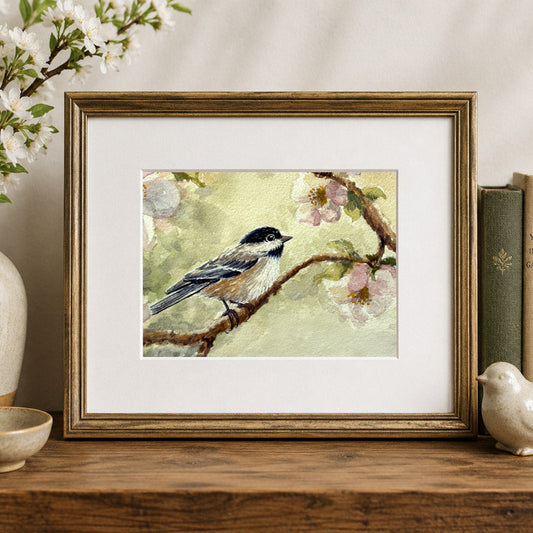 Apple Blossom Chickadee Fine Art Watercolor Print