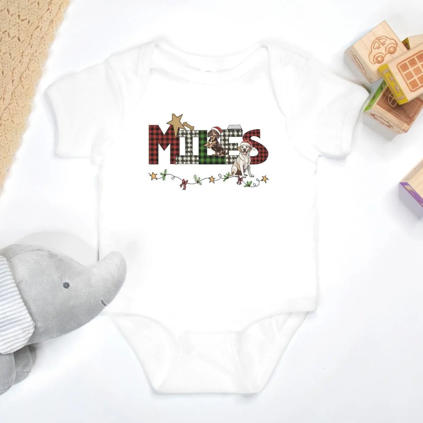 Christmas Dogs Personalized Baby Onesie Amazing Faith Designs