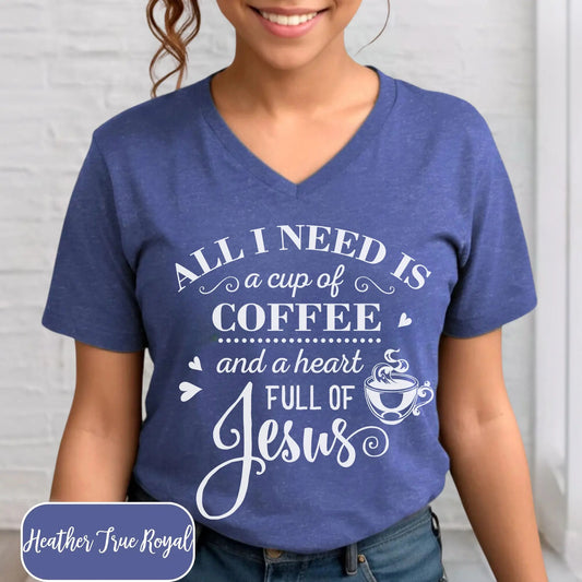 Coffee and Jesus Short Sleeve V-Neck Tee Printify