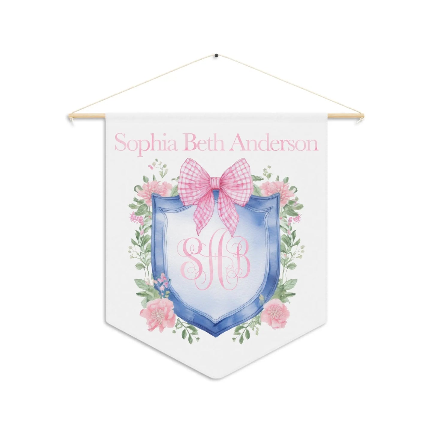 Custom Baby Banner | Blue Crest with Pink Gingham Nursery Pennant Printify