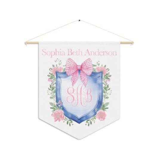 Custom Baby Banner | Blue Crest with Pink Gingham Nursery Pennant Printify