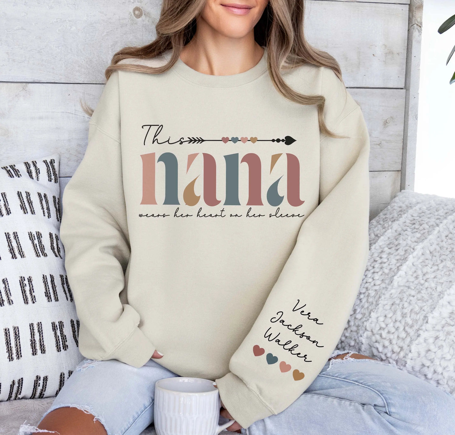 Custom Mama Sweatshirt Sleeve Name Print, Mother's Day Gift, Valentines Printify