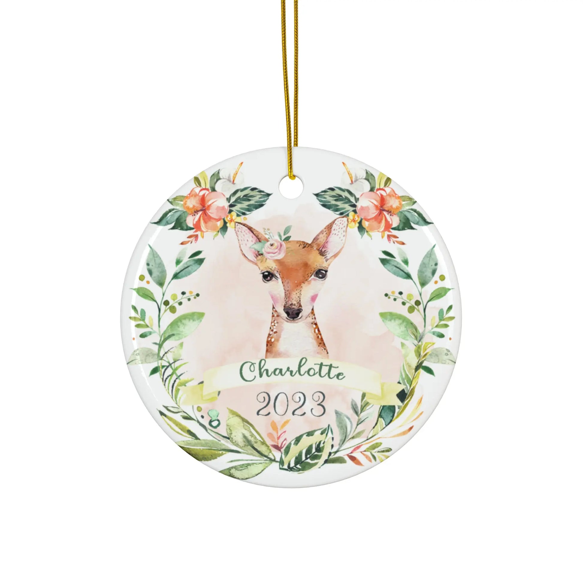Deer Girls Personalized Ceramic Christmas Ornament Printify