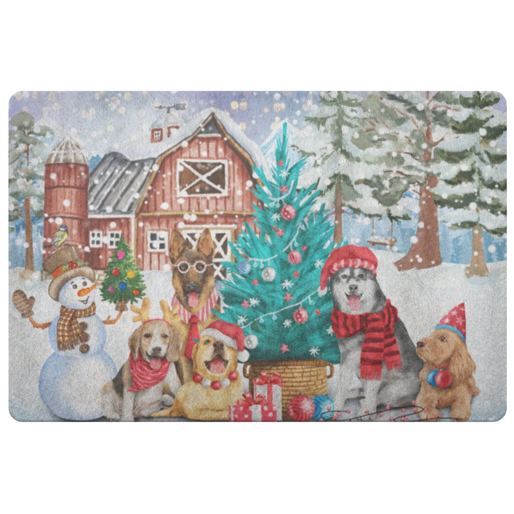 Dogs with Snowman Christmas Door Mat teelaunch