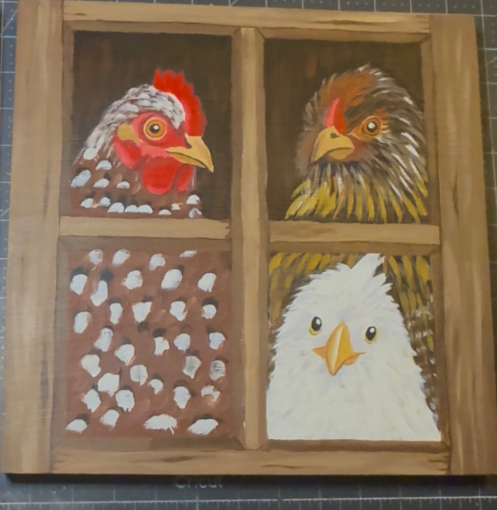 Three Chickens at the Window – Original Painting on Wood Block - Amazing Faith Designs