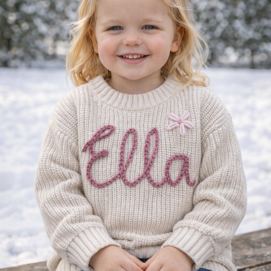 Hand Embroidered Name Sweater- Single Color Yarn - Amazing Faith Designs