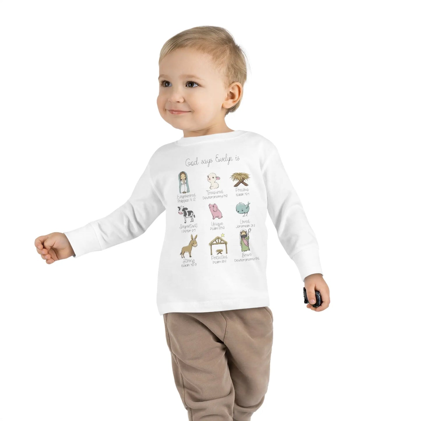 Evelyn Nativity Toddler Long Sleeve Tee, God Says You Are... Printify