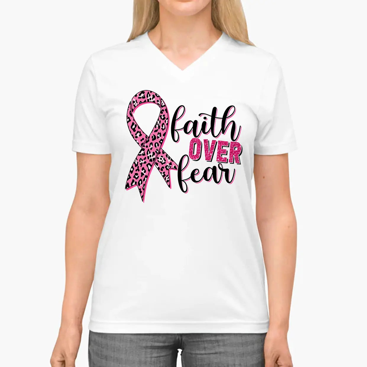 Faith Over Fear V-Neck Christian T-shirt | Breast Cancer Awareness Shirt - Amazing Faith Designs