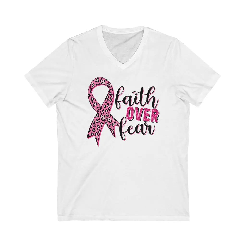 Faith Over Fear V-Neck Christian T-shirt | Breast Cancer Awareness Shirt - Amazing Faith Designs