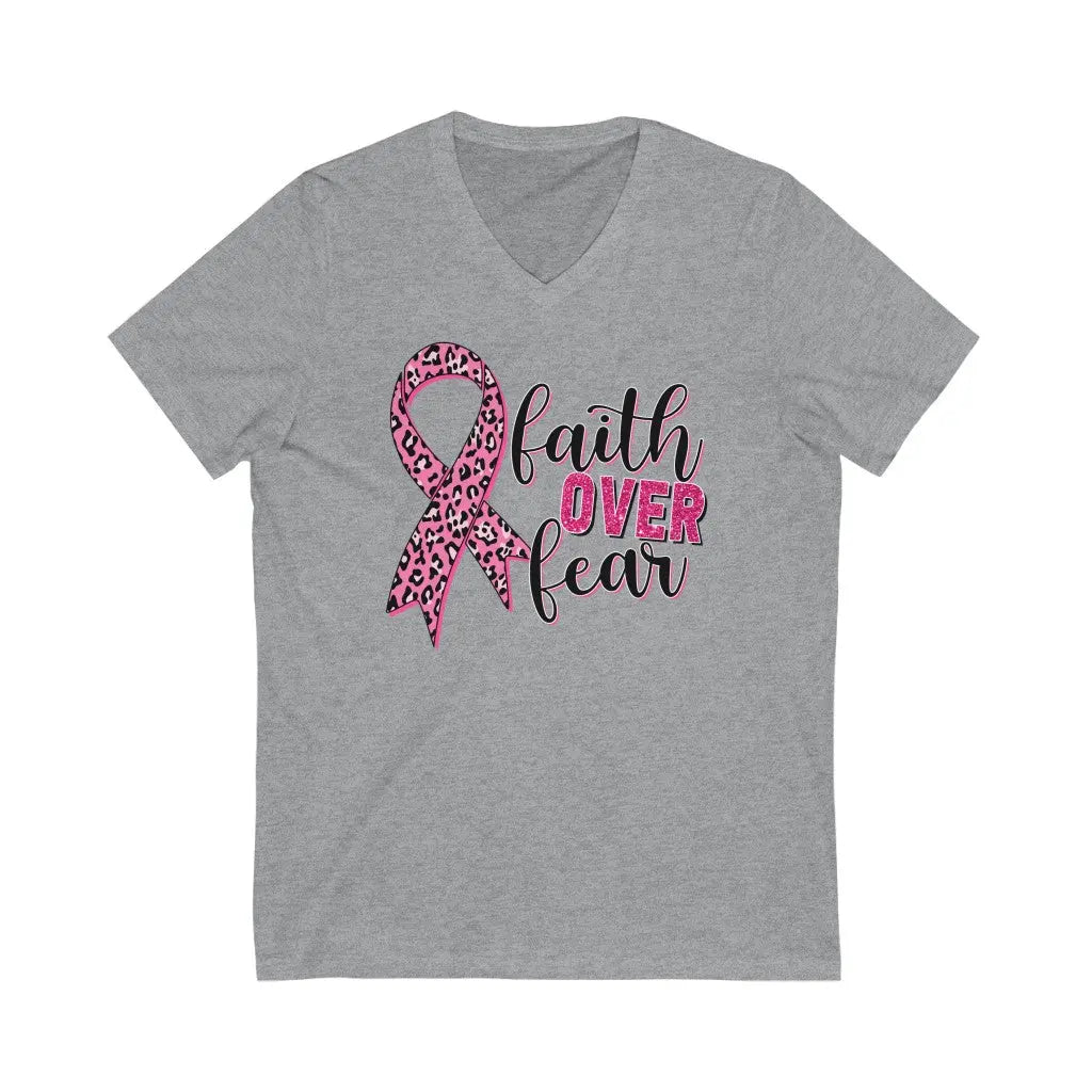 Faith Over Fear V-Neck Christian T-shirt | Breast Cancer Awareness Shirt - Amazing Faith Designs