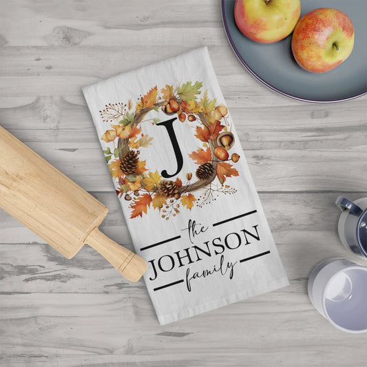 Personalized Kitchen Towel with Leaf Border and Last Name — The