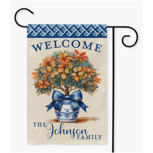 Fall Topiary Chinoiserie Personalized Garden Flag Amazing Faith Designs