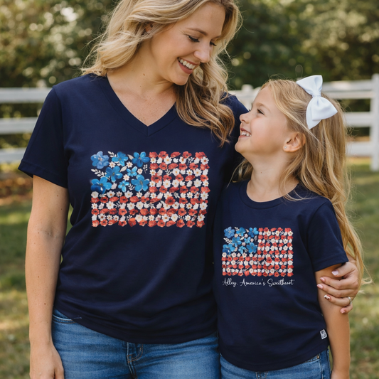 Personalized Floral American Flag Mama and Me Shirts - Amazing Faith Designs