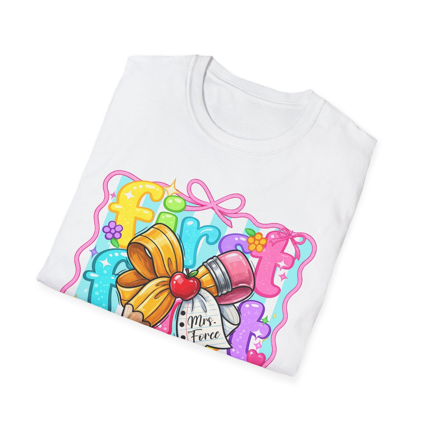First Grade Teacher T-Shirt - Cute Back-to-School Bow & Pencil Design