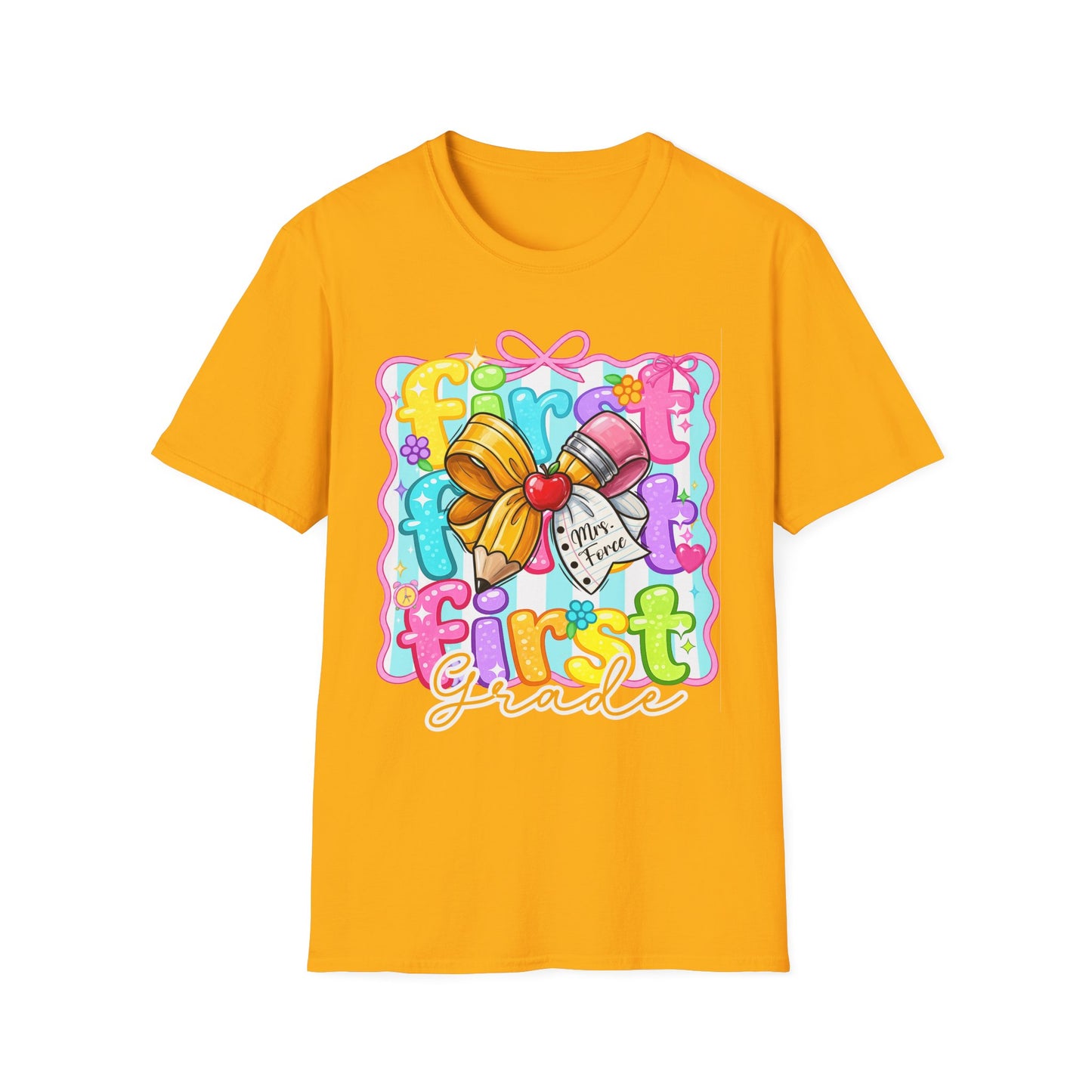 First Grade Teacher T-Shirt - Cute Back-to-School Bow & Pencil Design