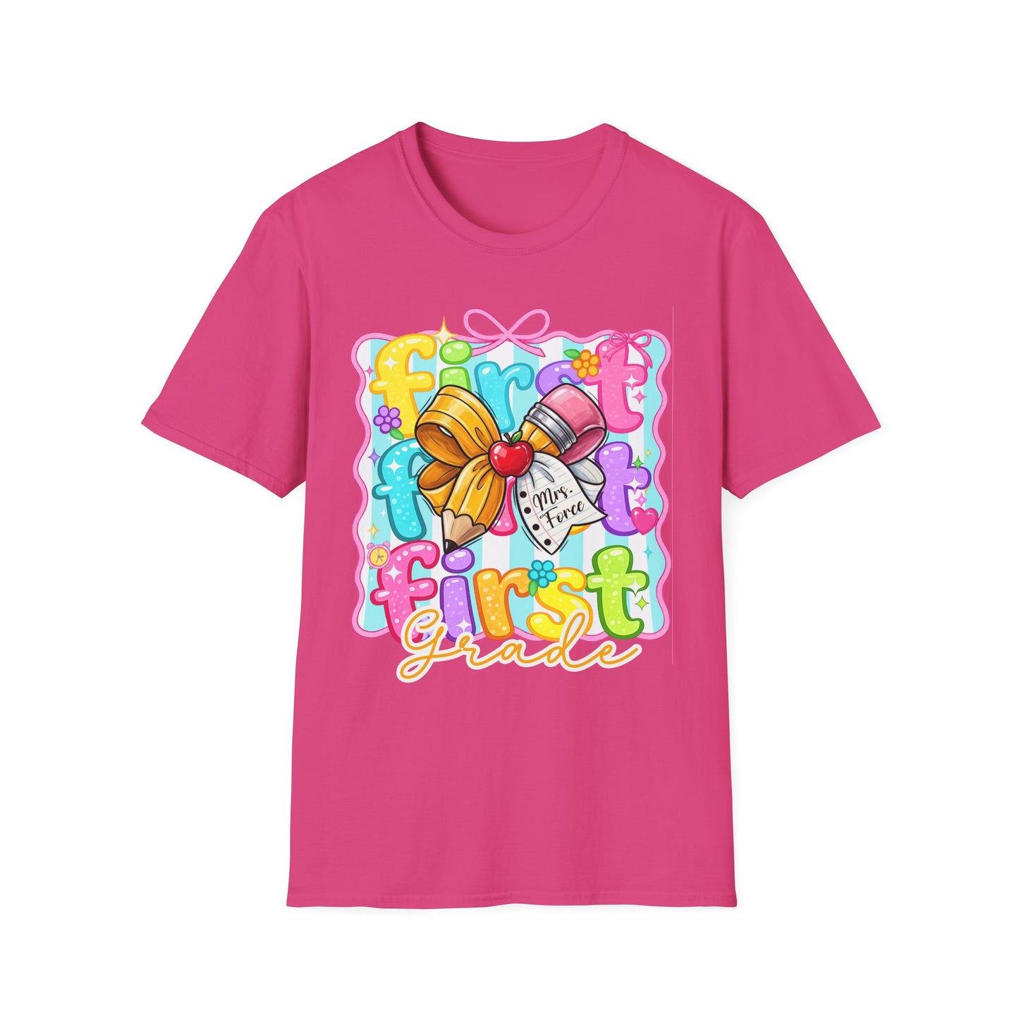 First Grade Teacher T-Shirt - Cute Back-to-School Bow & Pencil Design
