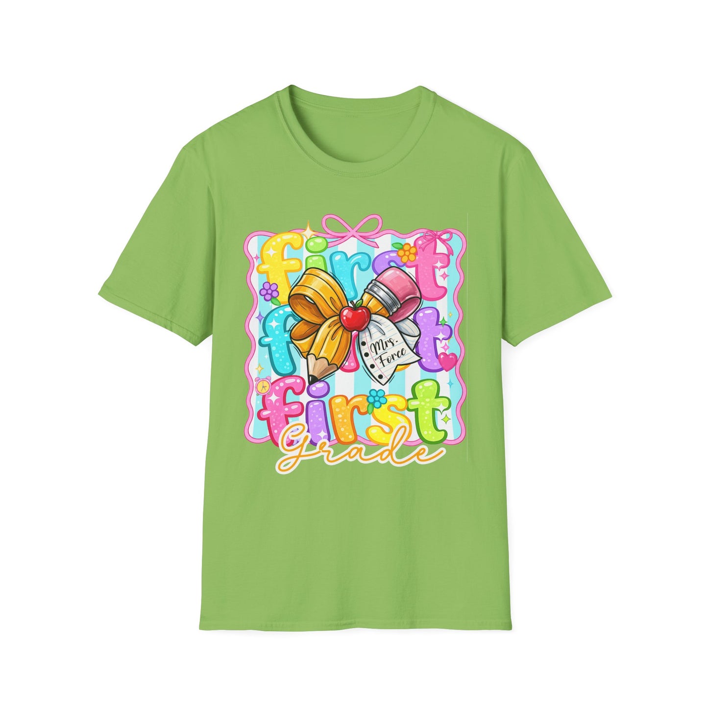 First Grade Teacher T-Shirt - Cute Back-to-School Bow & Pencil Design