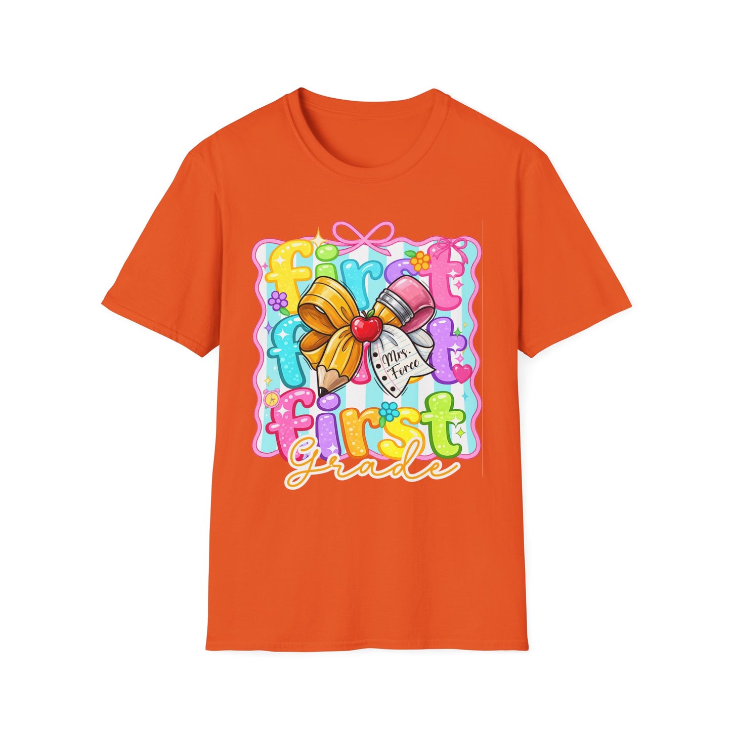 First Grade Teacher T-Shirt - Cute Back-to-School Bow & Pencil Design