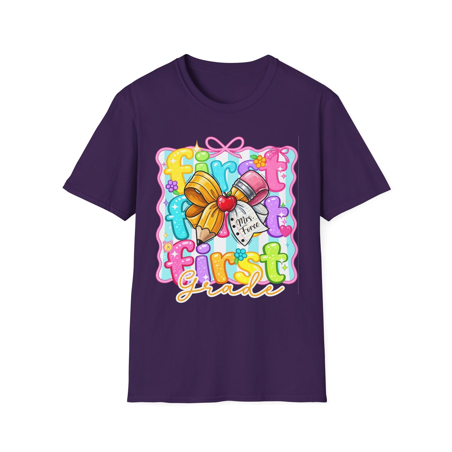 First Grade Teacher T-Shirt - Cute Back-to-School Bow & Pencil Design