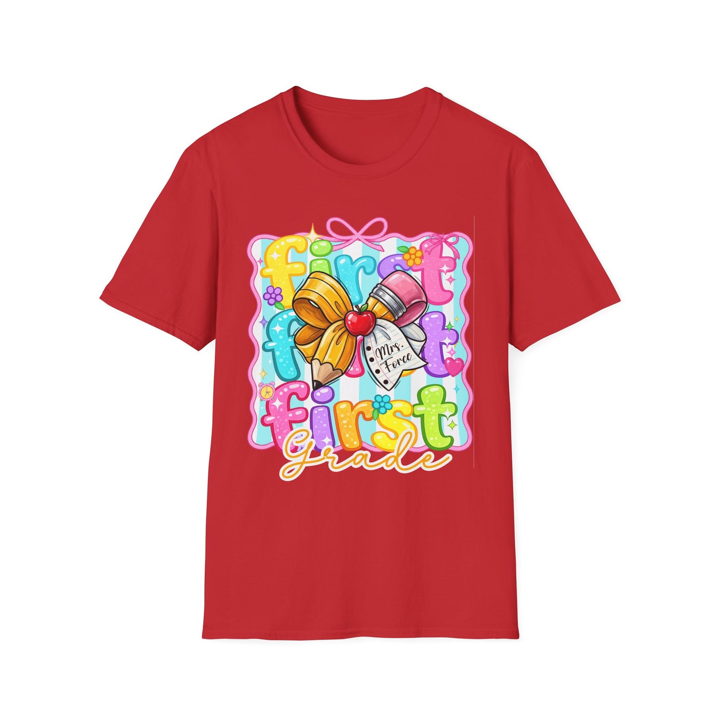 First Grade Teacher T-Shirt - Cute Back-to-School Bow & Pencil Design
