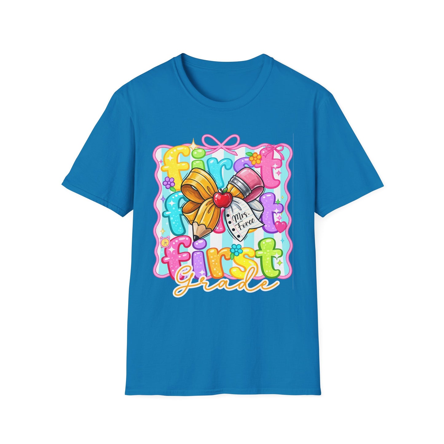 First Grade Teacher T-Shirt - Cute Back-to-School Bow & Pencil Design