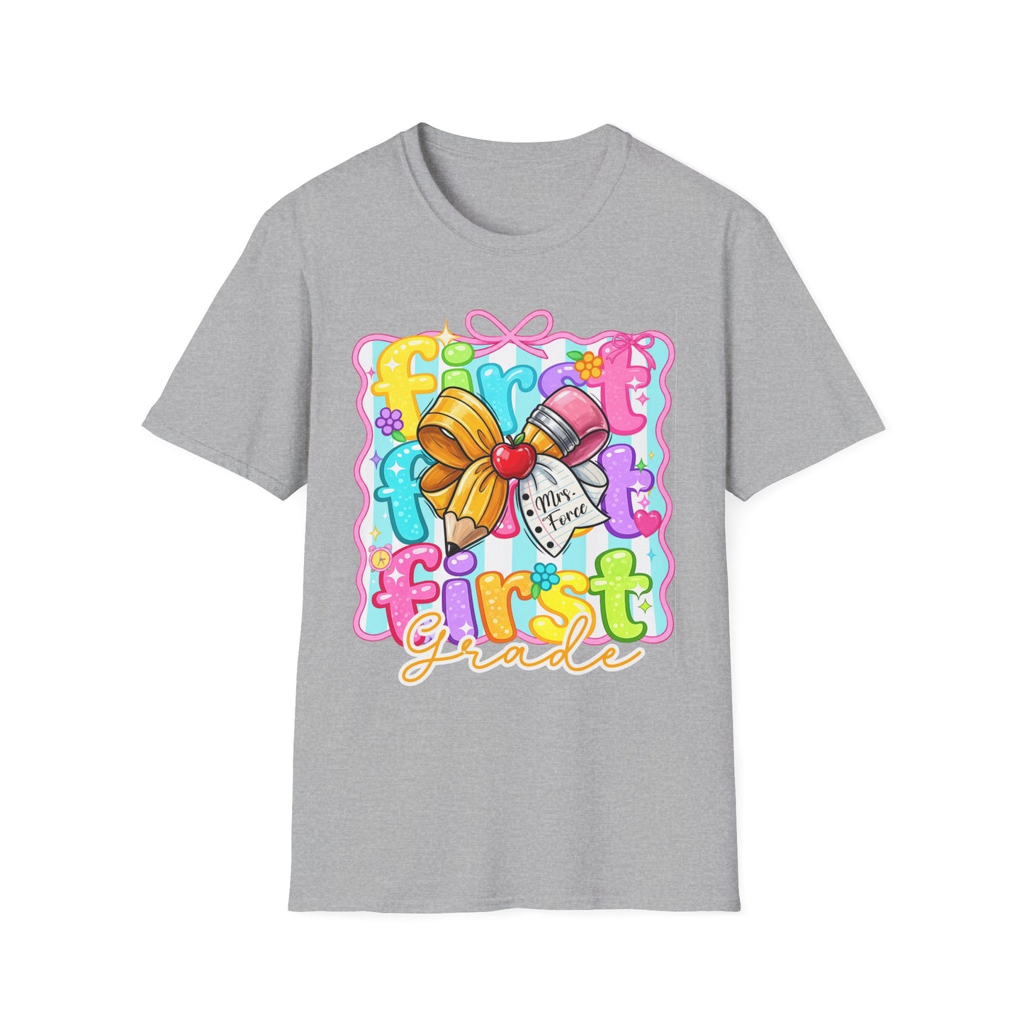 First Grade Teacher T-Shirt - Cute Back-to-School Bow & Pencil Design