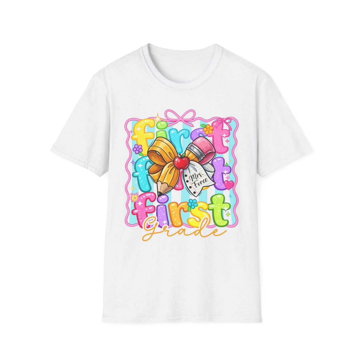 First Grade Teacher T-Shirt - Cute Back-to-School Bow & Pencil Design