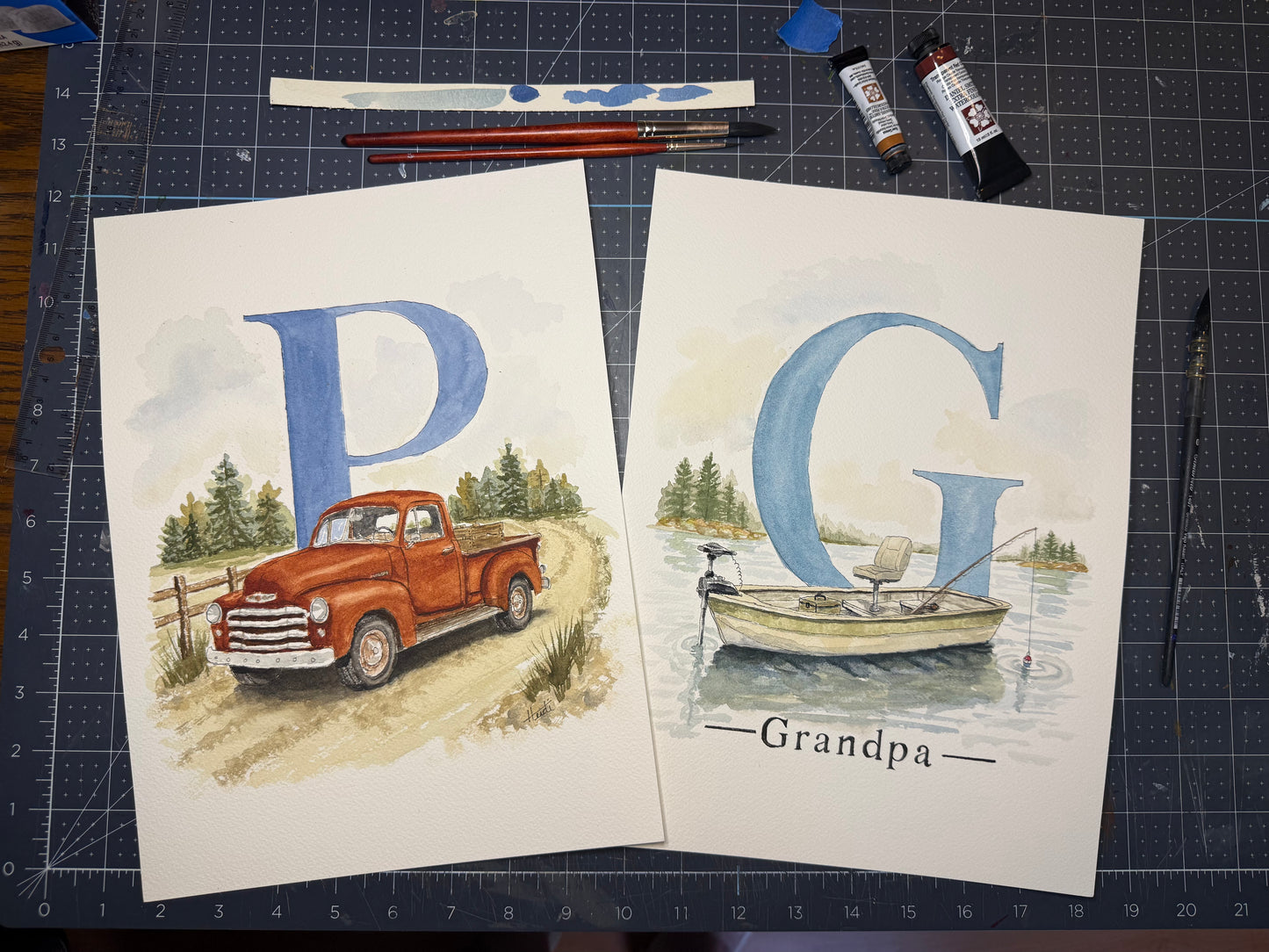 Personalized Watercolor Initial Painting for Dad or Grandpa - Amazing Faith Designs