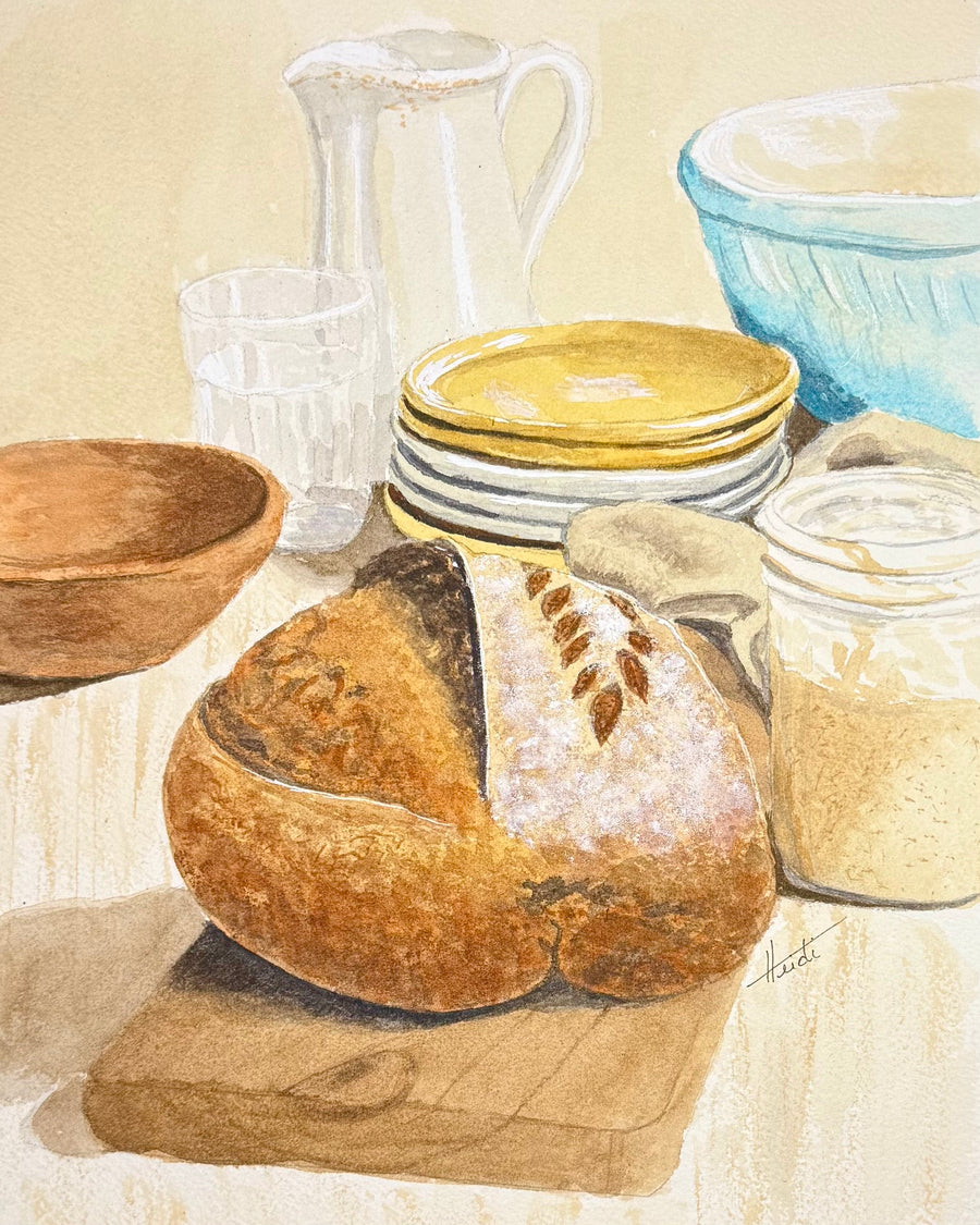 Sourdough Bread and Starter Watercolor Painting or Print– Original Kitchen Wall Art Gift for Bakers
