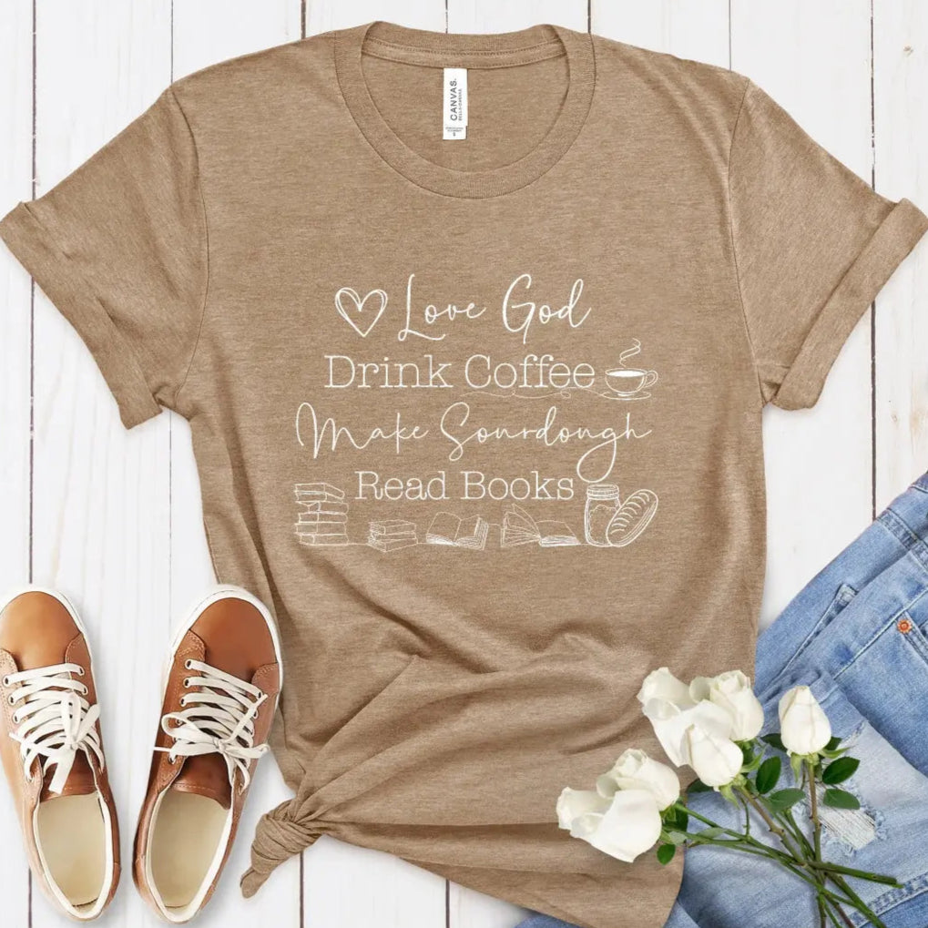 God Coffee Sourdough Books Shirt Printify