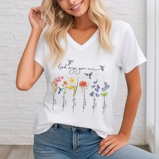 God Says You Are Wildflower V-Neck Christian T-shirt Printify