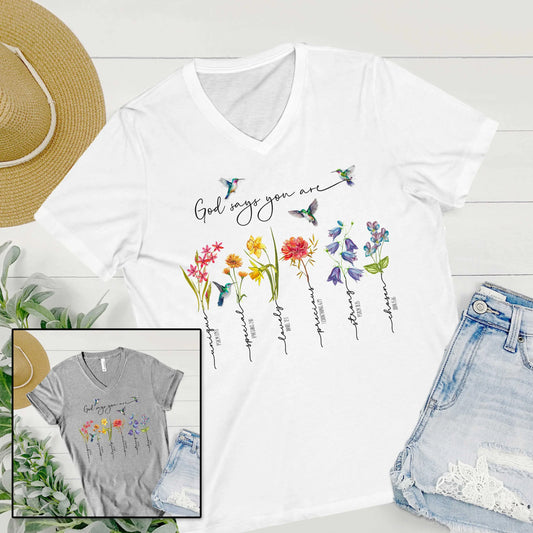 God Says You Are Wildflower V-Neck Tee | Christian Shirt Printify