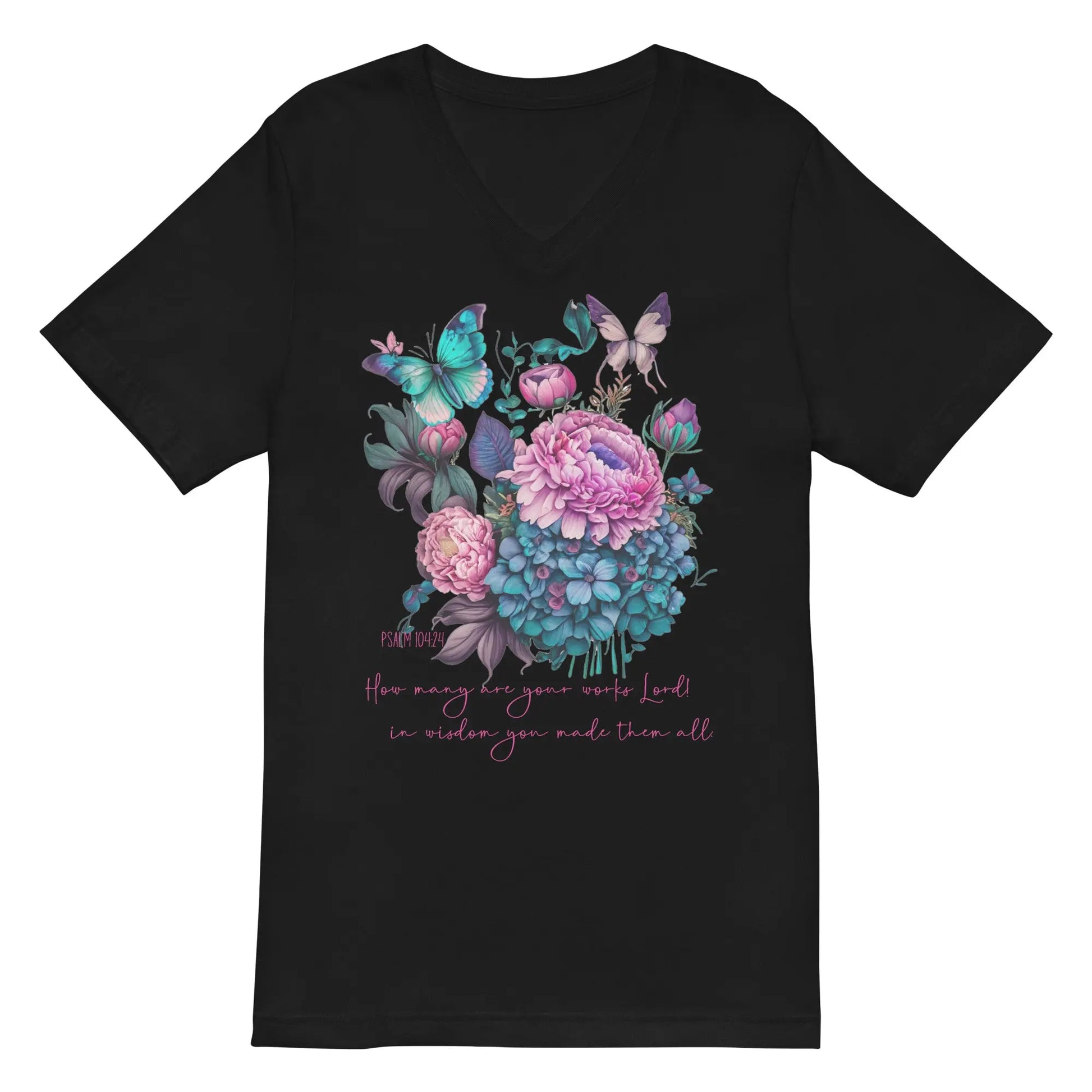 God's Works Floral V-Neck T-Shirt - Psalm 104:24 Amazing Faith Designs
