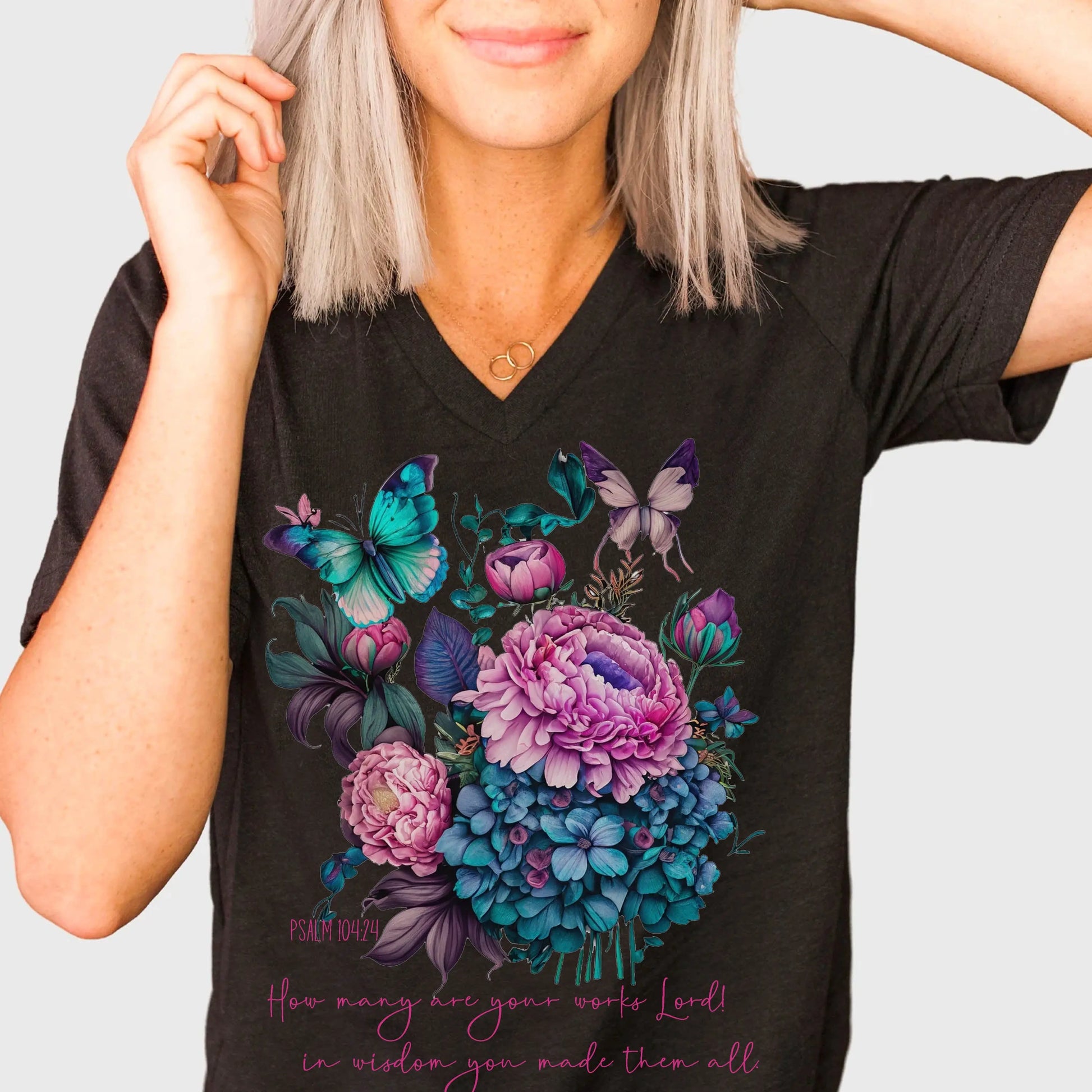 God's Works Floral V-Neck T-Shirt - Psalm 104:24 Amazing Faith Designs
