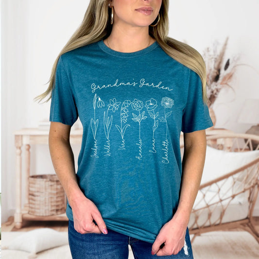Grandma T-Shirt with Grandkids Names | Grandma’s Wildflowers Amazing Faith Designs