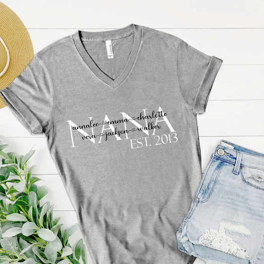 Grandma with Grandkids Names Personalized V-neck Shirt Printify