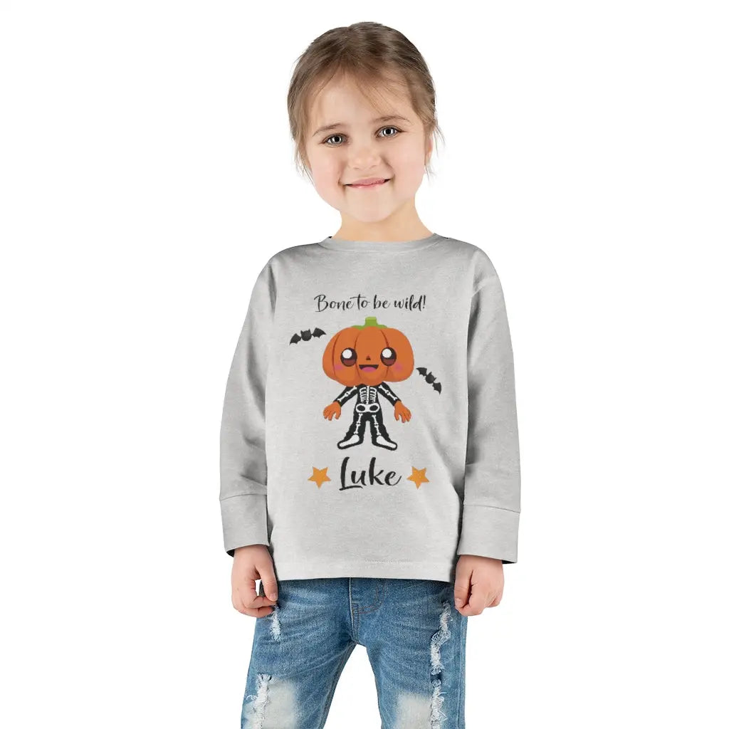 Halloween Bone to be Wild Pumpkin Skeleton Toddler Long Sleeve Tee Printify