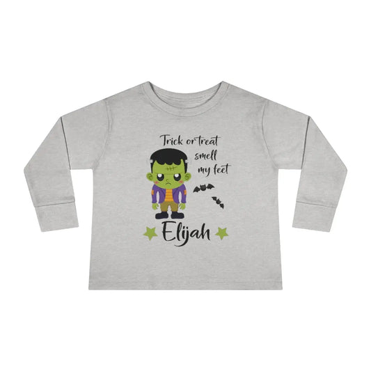 Halloween Frankenstein Personalized Toddler Long Sleeve Tee, Trick or Treat Shirt Printify